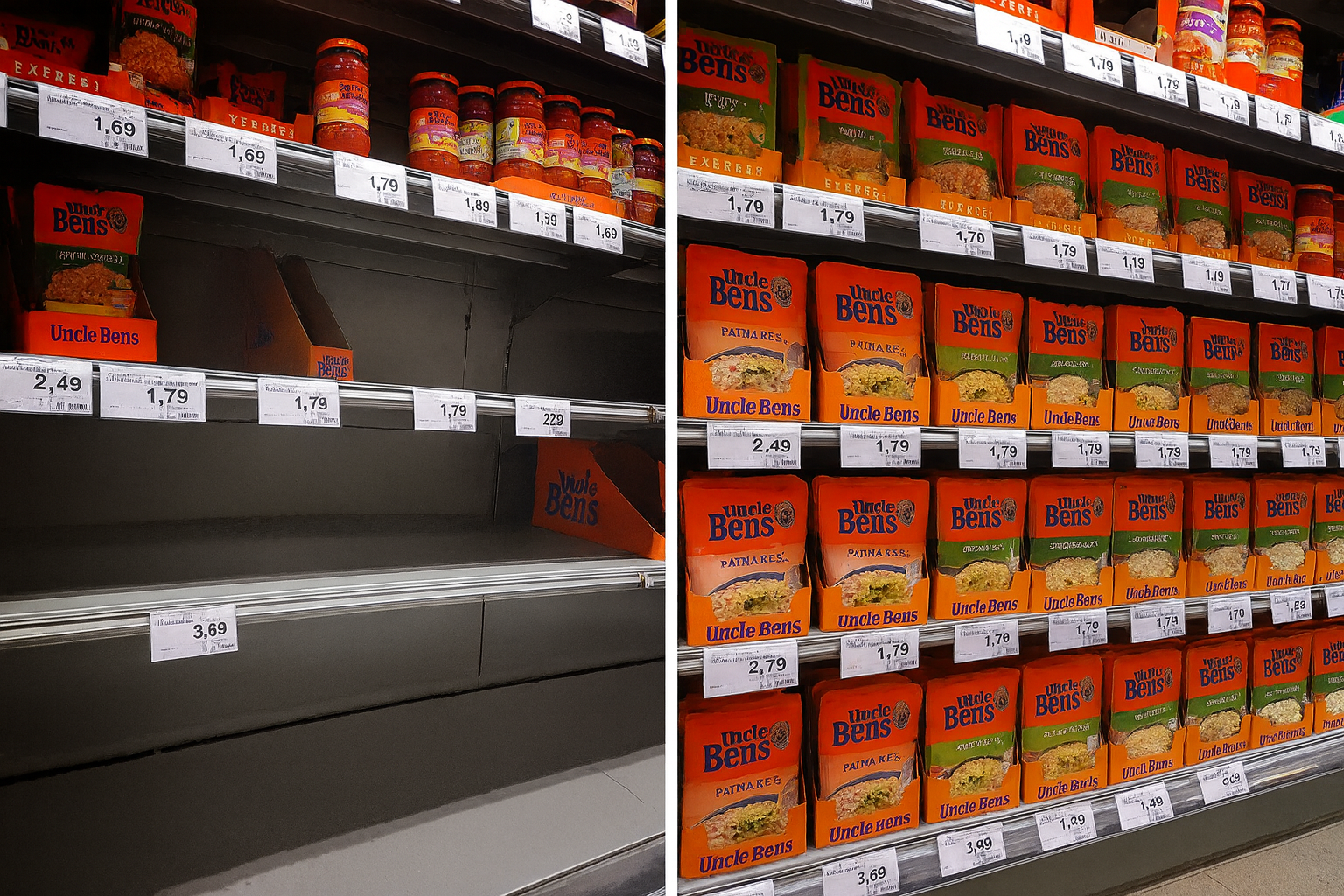 Antes: gôndola vazia com ruptura vs Depois: estoque completo e organizado